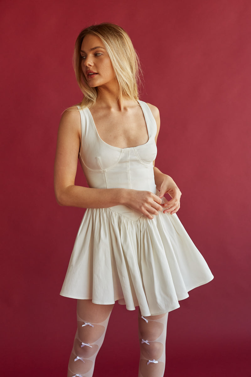 deep scoop neckline corset bodice mini dress with flared mini skirt | white mini dresses for 2024 brides and bachelorettes | white-image
