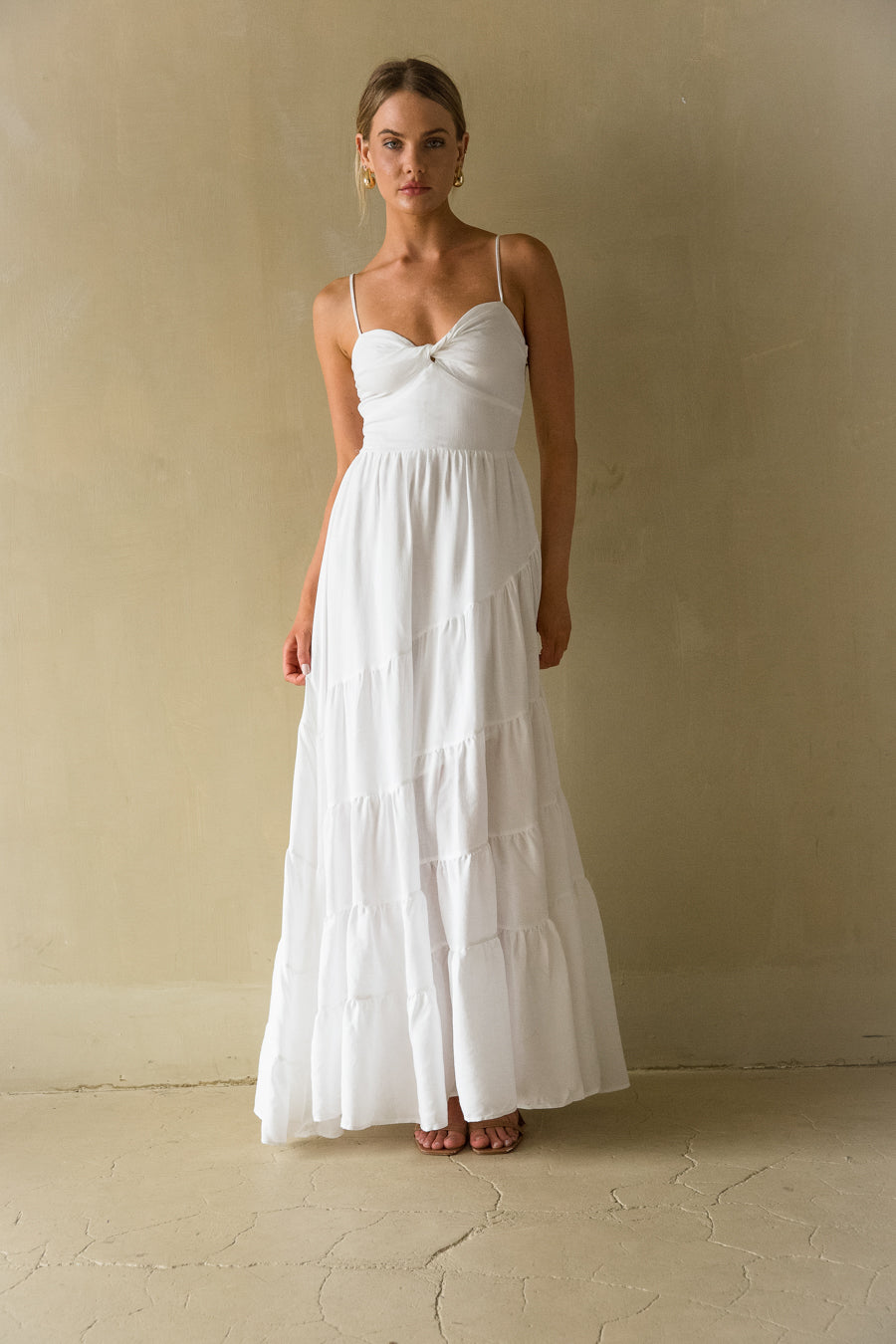 Front view | White twist front tiered Maxi Dress | Soroity rush dress