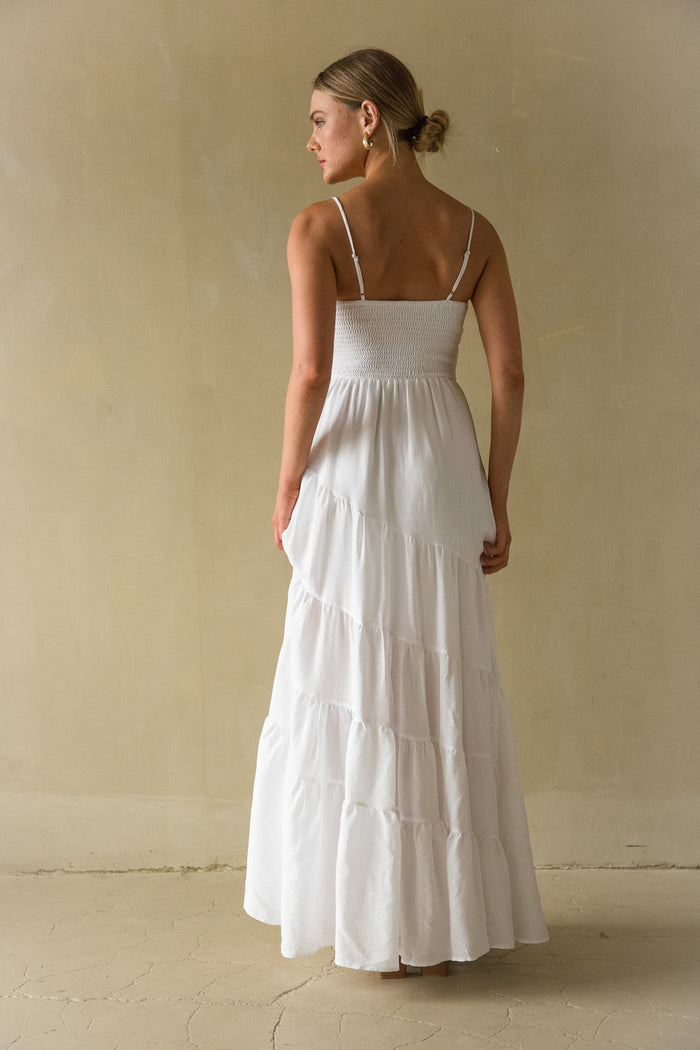 back view | White twist front tiered Maxi Dress | Soroity rush dress