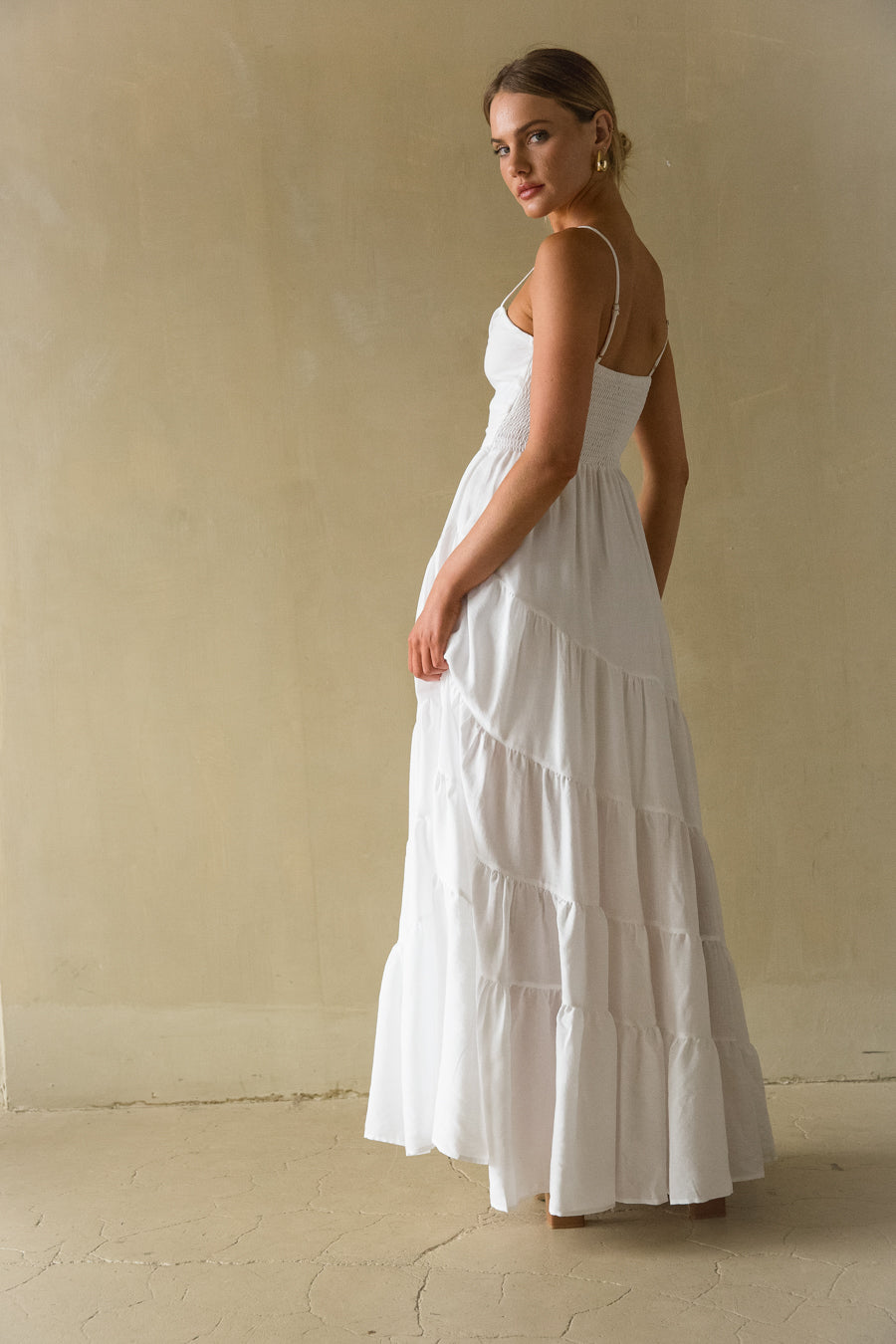 side view | White twist front tiered Maxi Dress | Day event dress