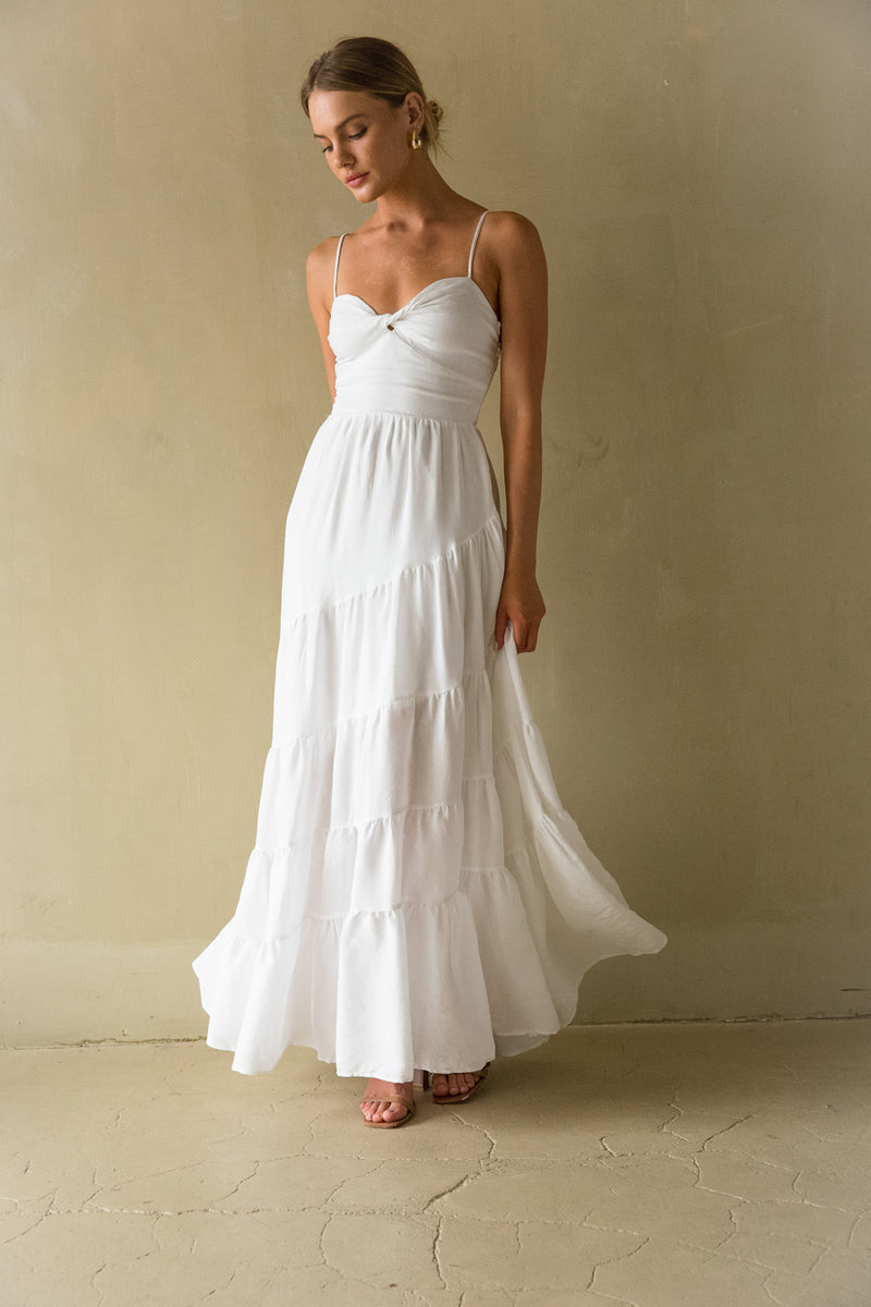 Front view | White twist front tiered Maxi Dress | Soroity rush dress