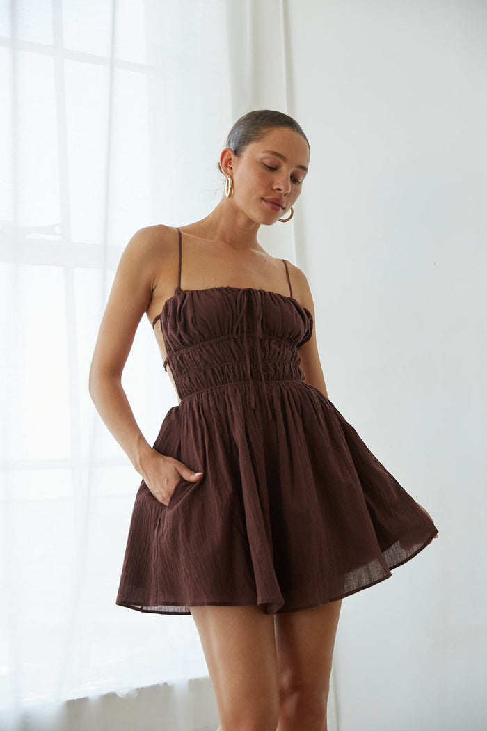 front view | brown linen fit and flare mini dress