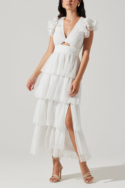 Emporia Pleated Tiered Midi Dress White / XS