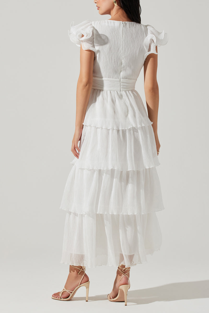 ruffle sleeve and ruffle tiered skirt midi dress | graduation dress boutique 2024