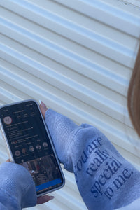 heather grey pullover with navy blue cuff details "you are really special to me" | trendy kindness crew