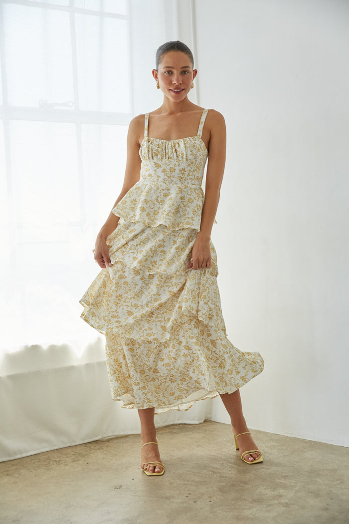 front view | yellow floral bustier corset maxi dress with tiered skirt