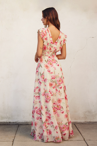 back view | pink floral v neck chiffon maxi dress | wedding guest dress