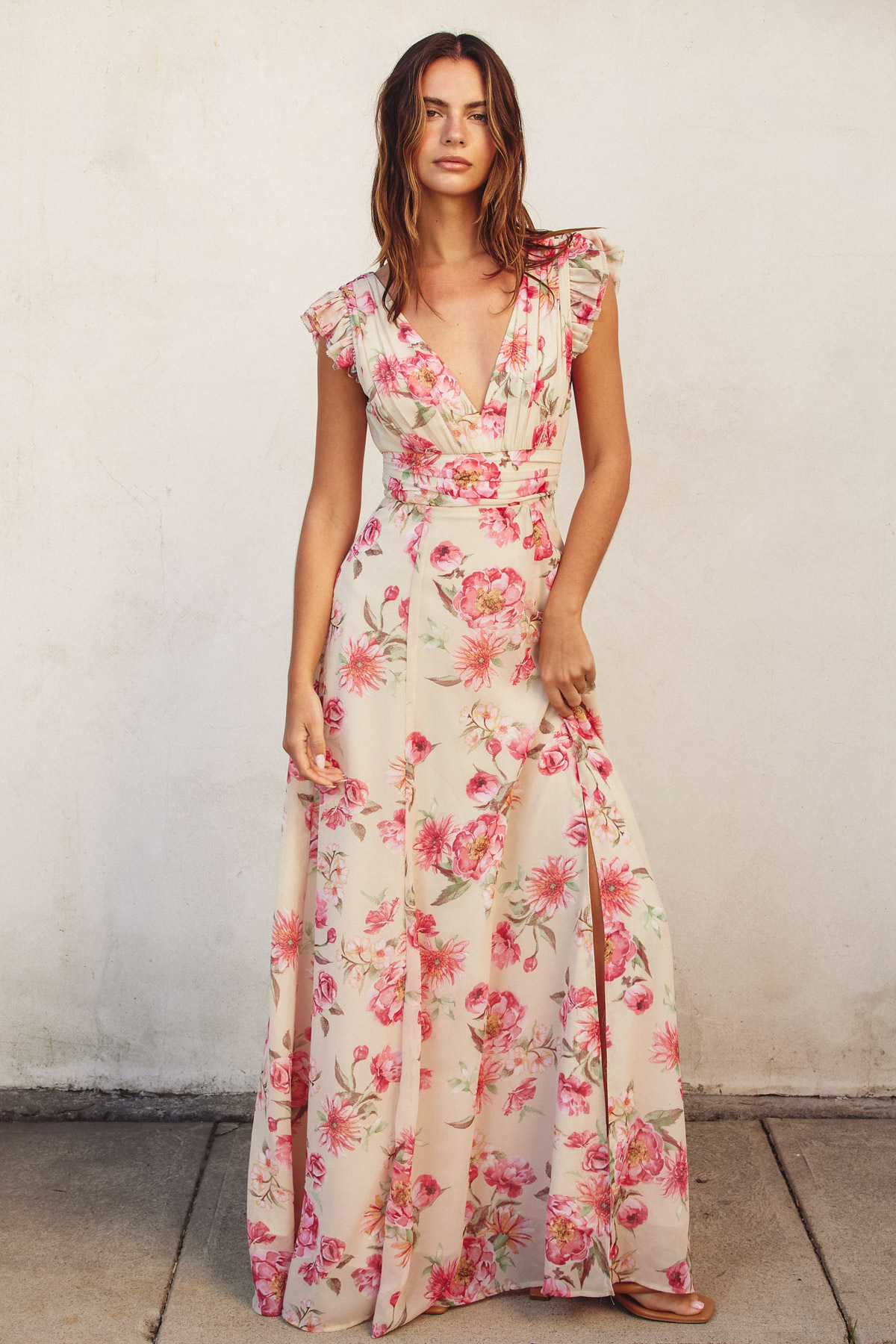 front view | pink floral v neck chiffon maxi dress | wedding guest dress