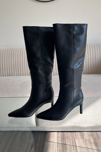 side view | black pointed toe knee high stiletto boot