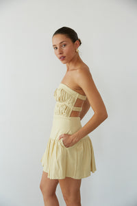 Indie Strapless Open Back Linen Mini Dress