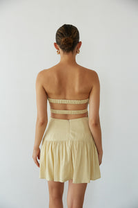 Indie Strapless Open Back Linen Mini Dress