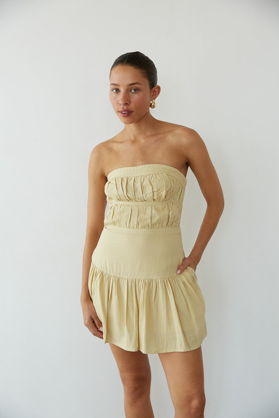 Indie Strapless Open Back Linen Mini Dress