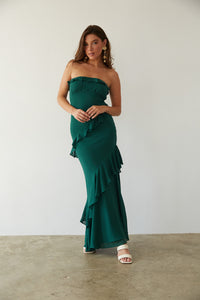 green-image | front-view | emerald green strapless chiffon maxi dress with ruffles and frill detailing