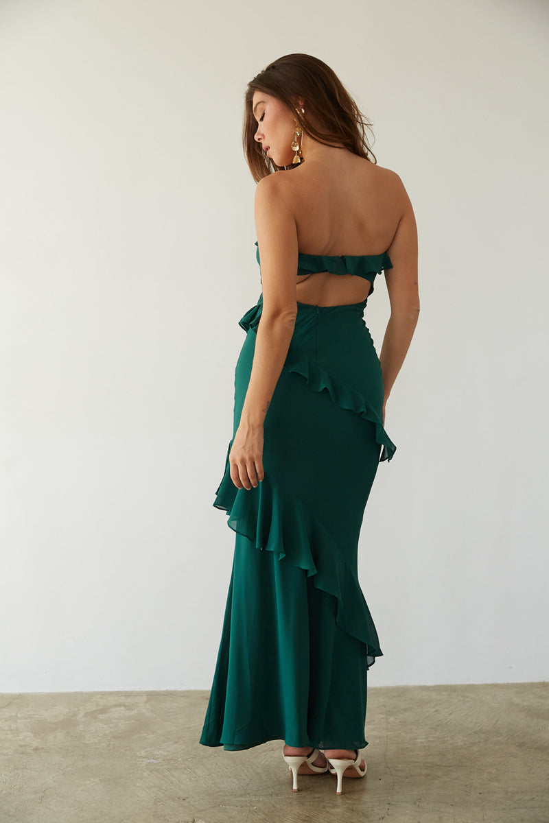 green-image | back-view | emerald green strapless chiffon maxi dress with ruffles and frill detailing