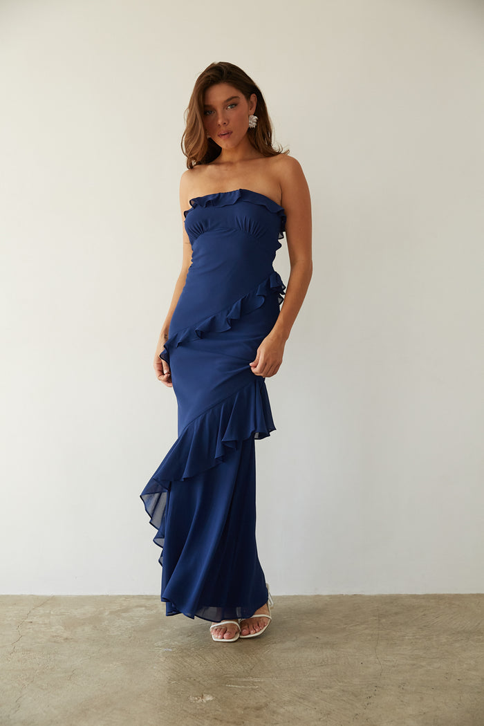 blue-image | front-view | navy blue strapless chiffon maxi dress with ruffles and frill detailing