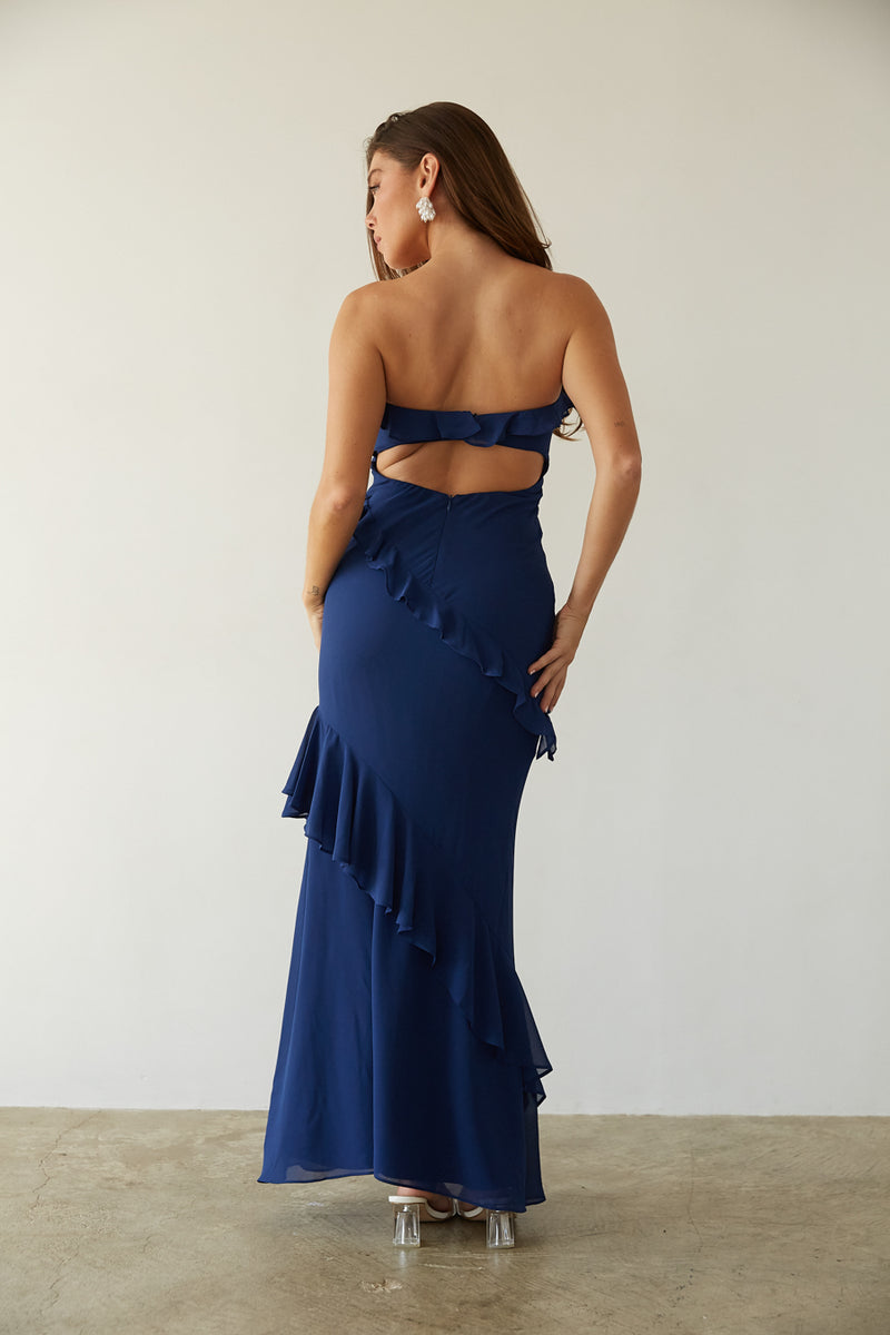 blue-image | back-view | navy blue strapless chiffon maxi dress with ruffles and frill detailing