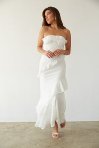 white-image | front-view | white strapless chiffon maxi dress with ruffles and frill detailing