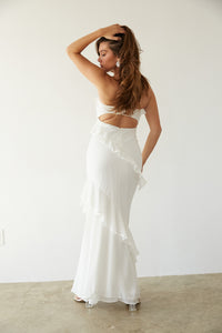 white-image | back-view | white strapless chiffon maxi dress with ruffles and frill detailing