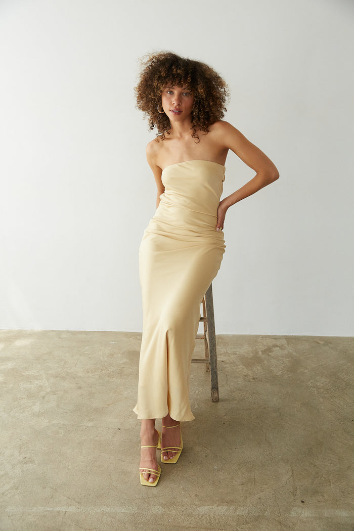 front view | mustard yellow open back cowl back satin maxi dress