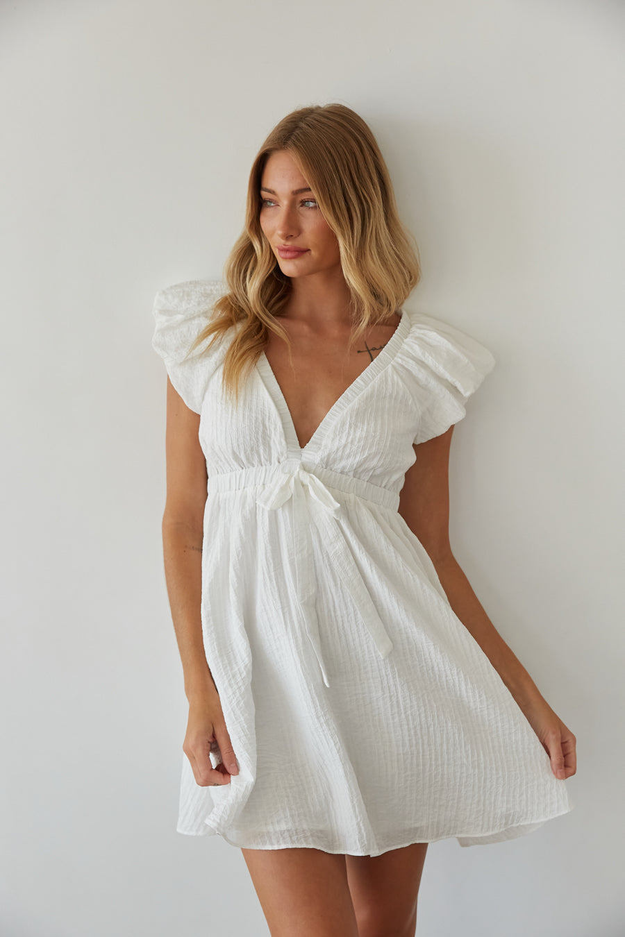 Little Bear frilled-collar short-sleeve dress - White