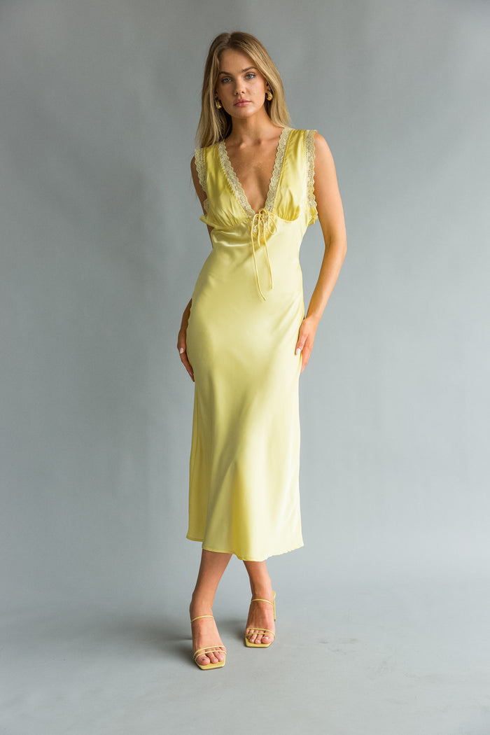 Front view | Yellow lace trim satin Midi slip Dress | Summertime Dress