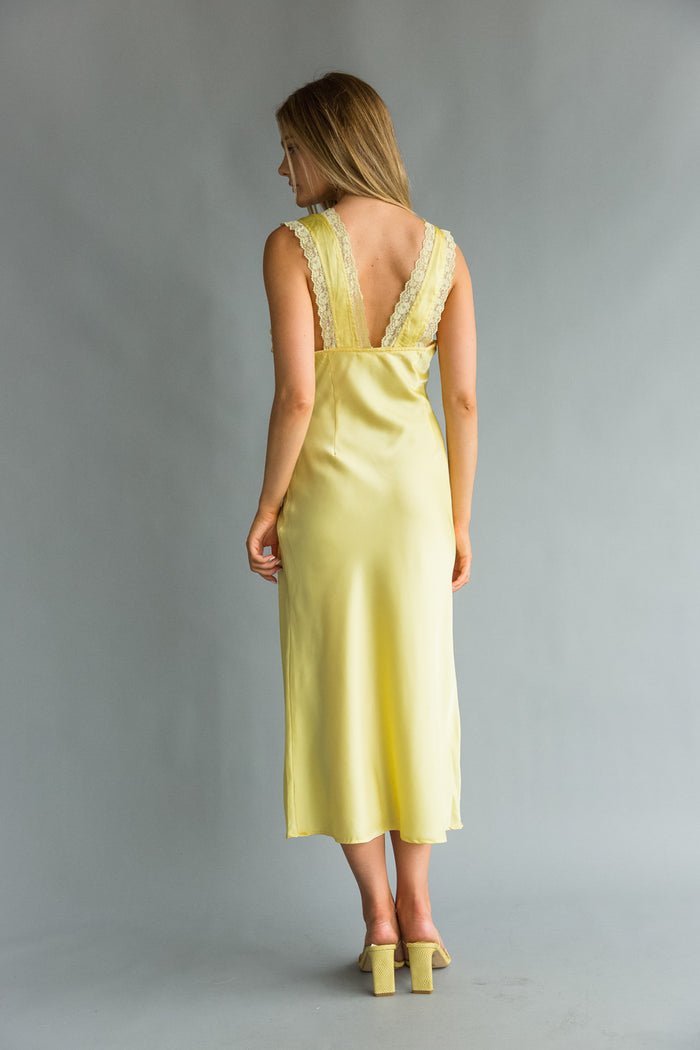 back view | Yellow lace trim satin Midi slip Dress | Summer time Dress