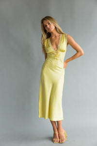 Front view | Yellow lace trim satin Midi slip Dress | Summertime Dress