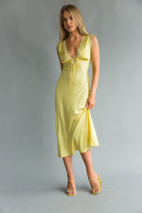 Front view | Yellow lace trim satin Midi slip Dress | Daytime dress