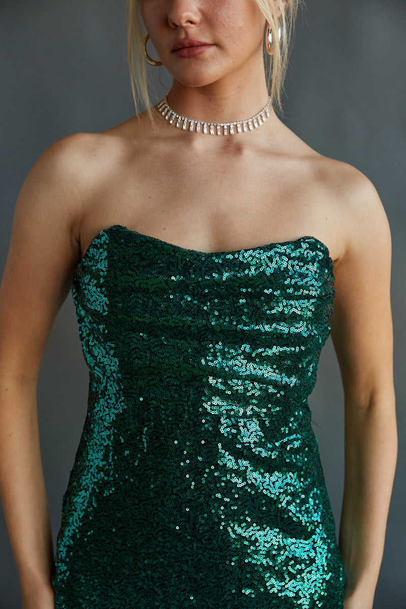 Sensational Shine Emerald Green Strapless Mini Dress