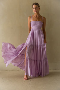 Front view | Purple crochet Lace cutout flowy Maxi Dress | Spring time dress