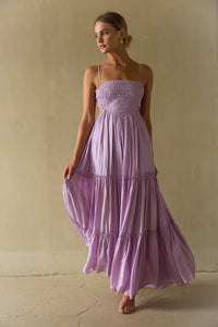 Front view | Purple crochet Lace cutout flowy Maxi Dress | Spring time dress