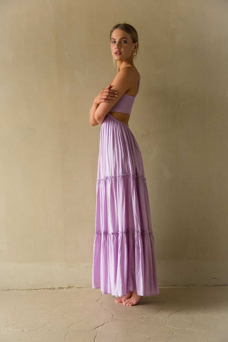 side view | Purple crochet Lace cutout flowy Maxi Dress | Spring time dress