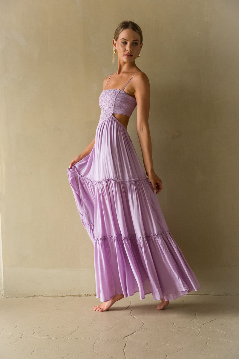 side view | Purple crochet Lace cutout flowy Maxi Dress | Spring time dress