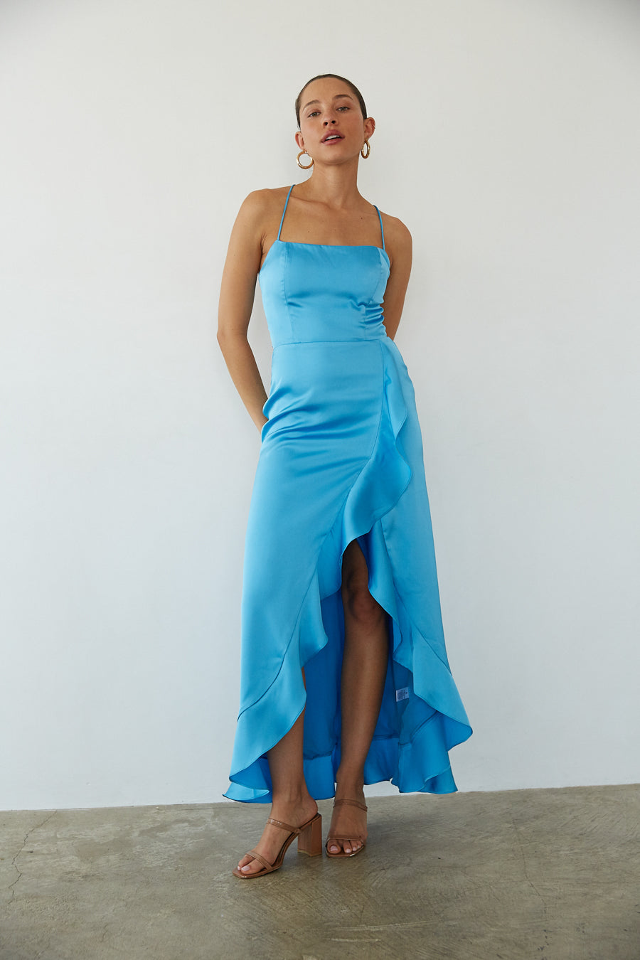 Front view | Blue ruffle satin maxi dress | Prom dress