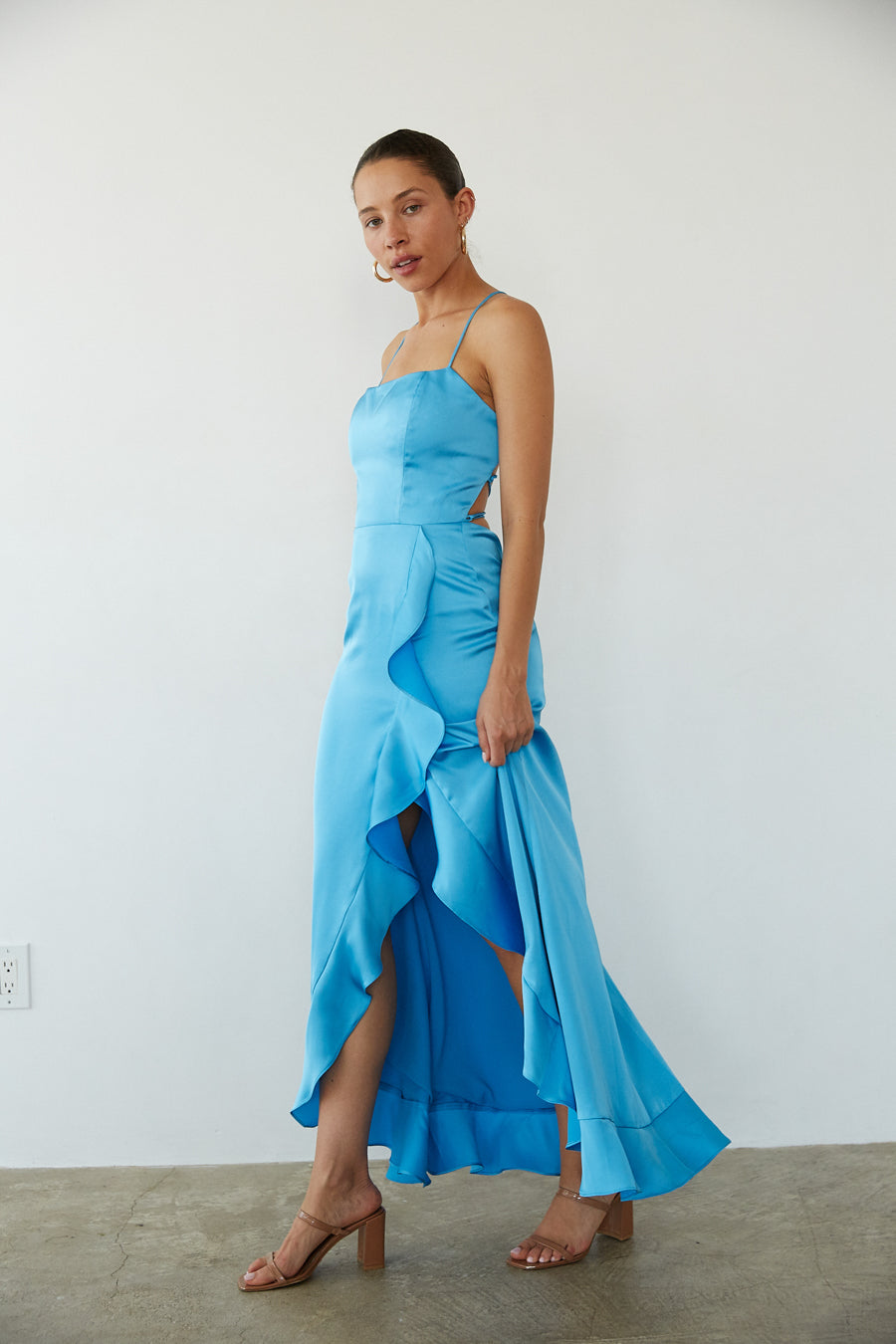 Front view | Blue ruffle satin maxi dress | Prom dress | blue-image