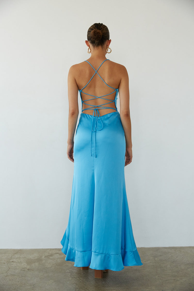 Back view | Blue ruffle satin maxi dress | Gala dress