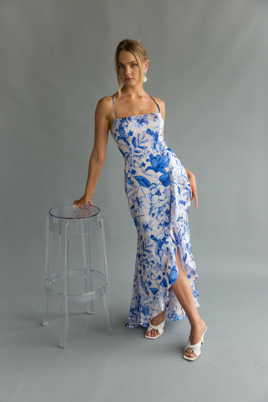 Front view | Blue lilac floral ruffle satin maxi dress | Picnic dress