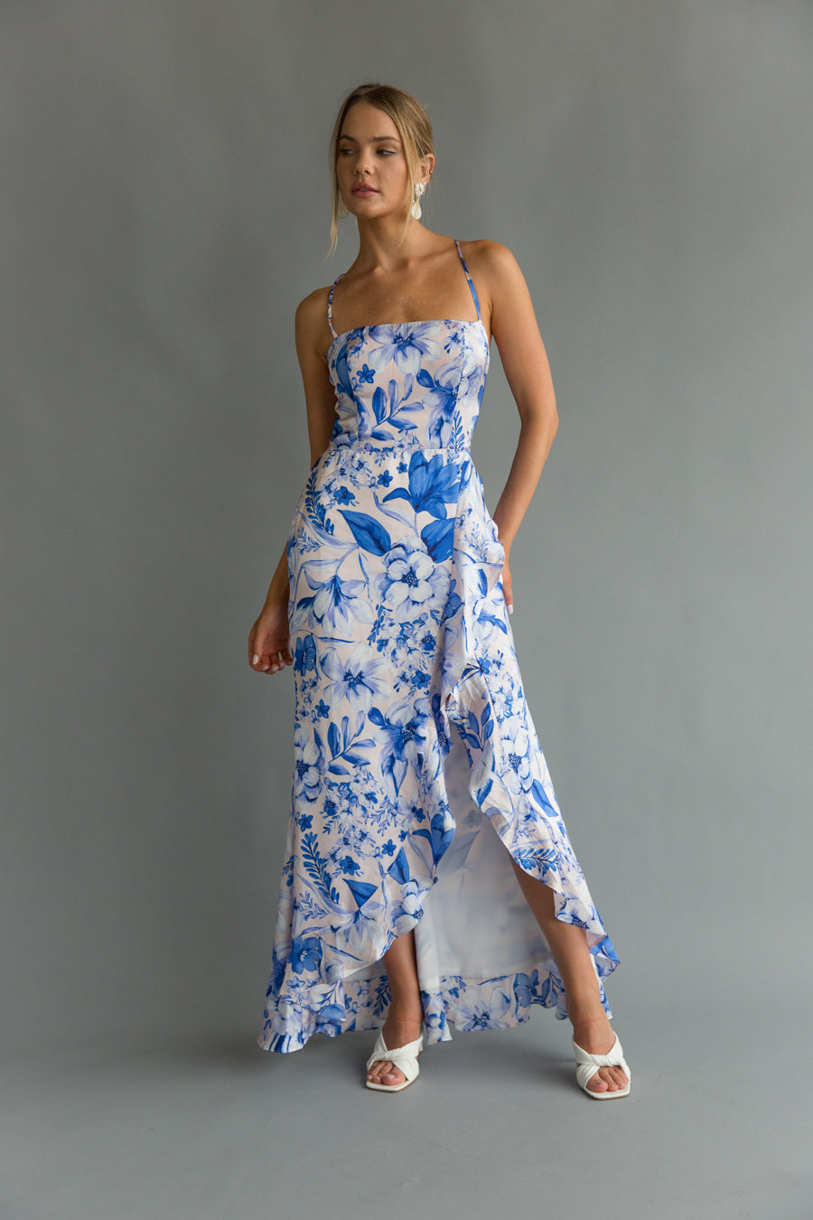 Front view | Blue lilac floral ruffle satin maxi dress | Prom dress