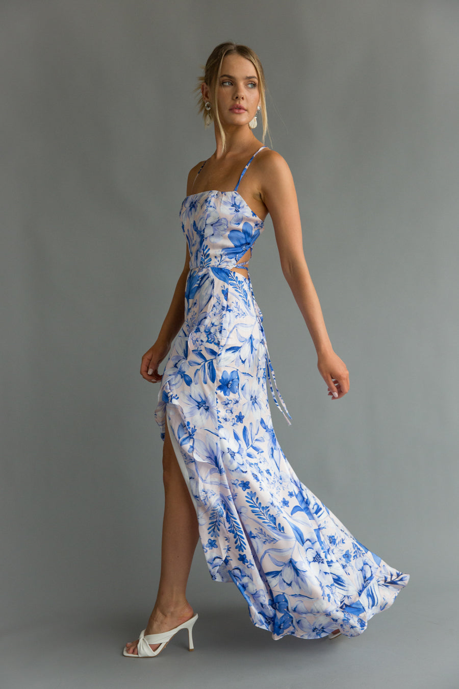 Side view | Blue lilac floral ruffle satin maxi dress | Picnic dress