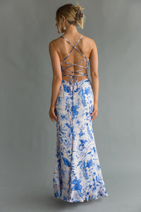 Back view | Blue lilac floral ruffle satin maxi dress | Prom dress