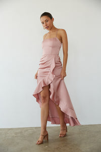 Front view | Pink ruffle satin maxi dress | Prom dress | pink-image