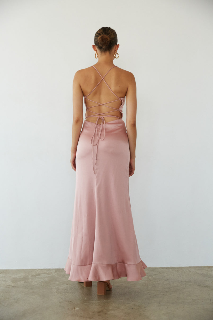 Back view | Pink ruffle satin maxi dress | Gala dress