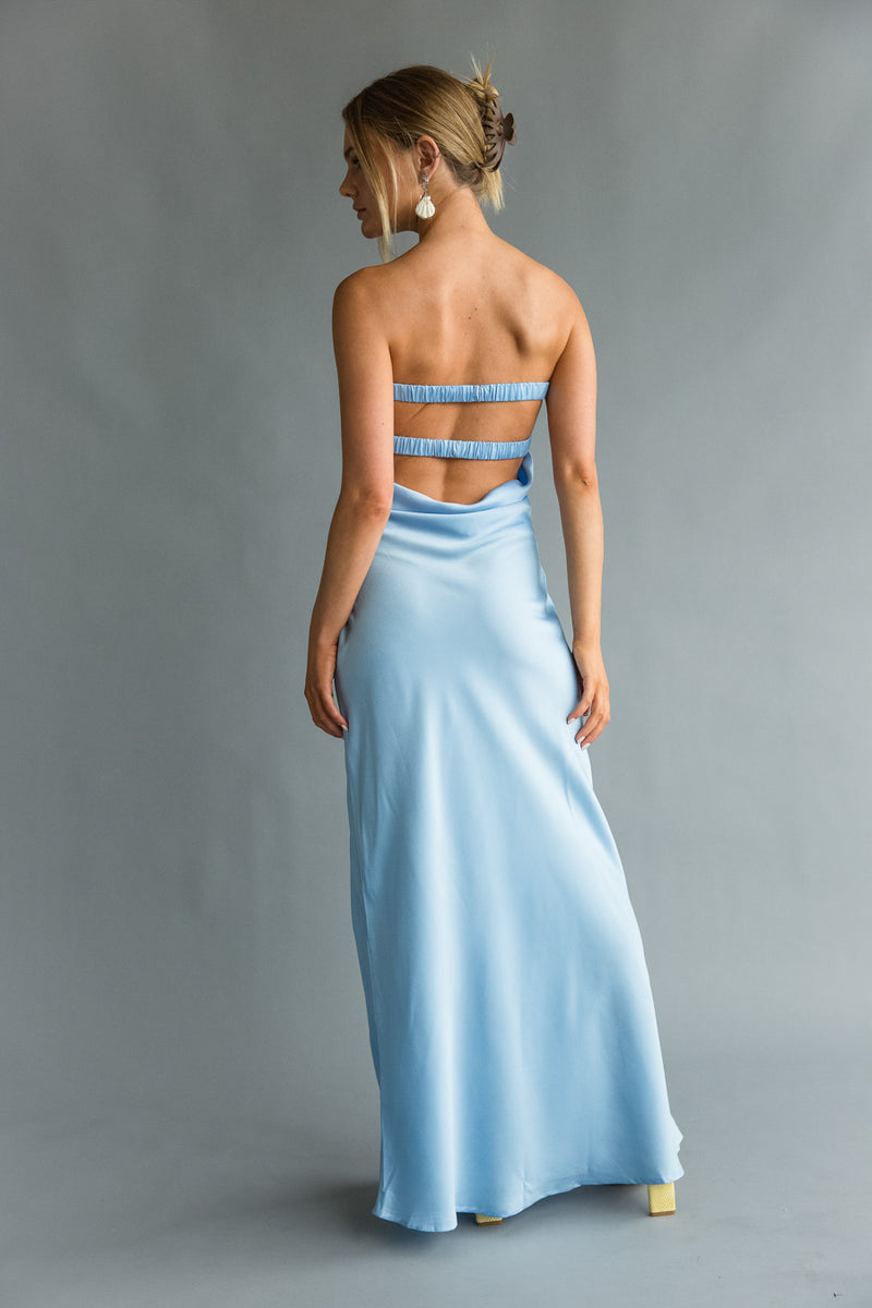 back view | blue keyhole cutout open back strapless maxi dress | special occasion dress