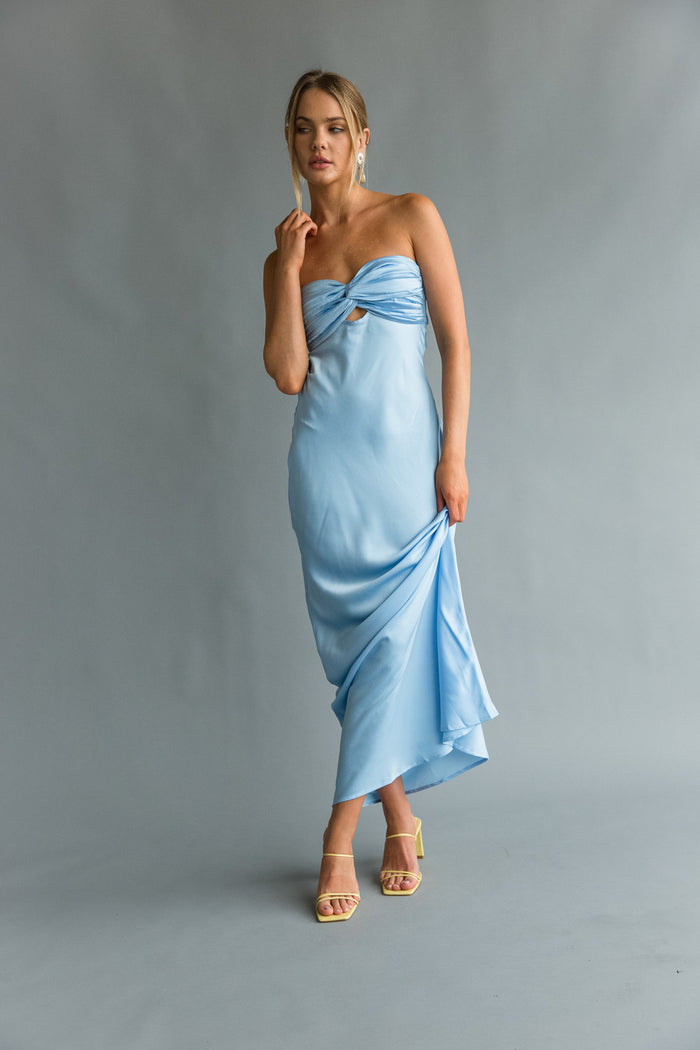 Front view | blue keyhole cutout open back strapless maxi dress | special occasion dress | blue-image