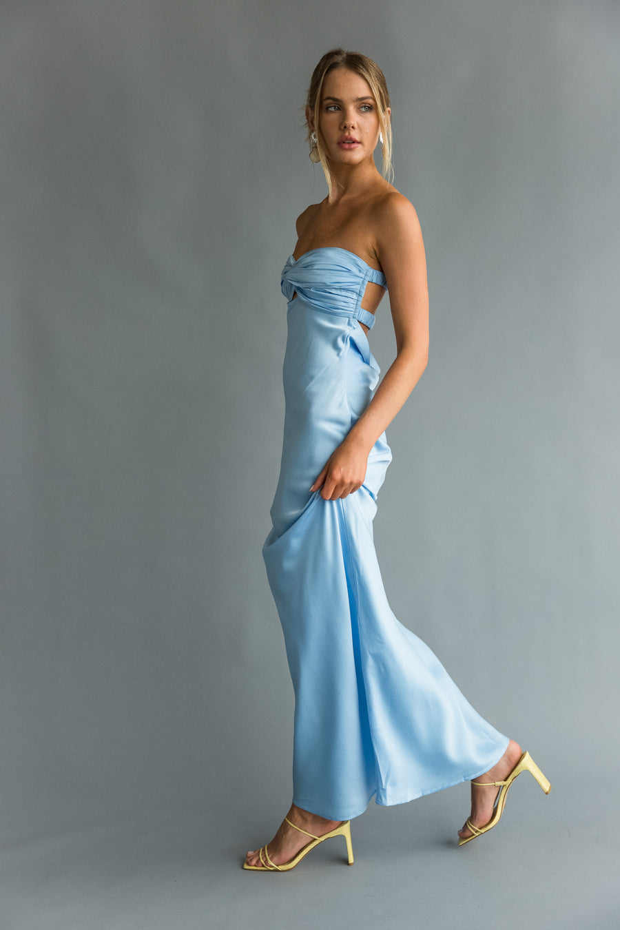 side view | blue keyhole cutout open back strapless maxi dress | special occasion dress
