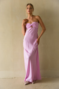 side view | pink keyhole cutout open back strapless maxi dress | formal dress