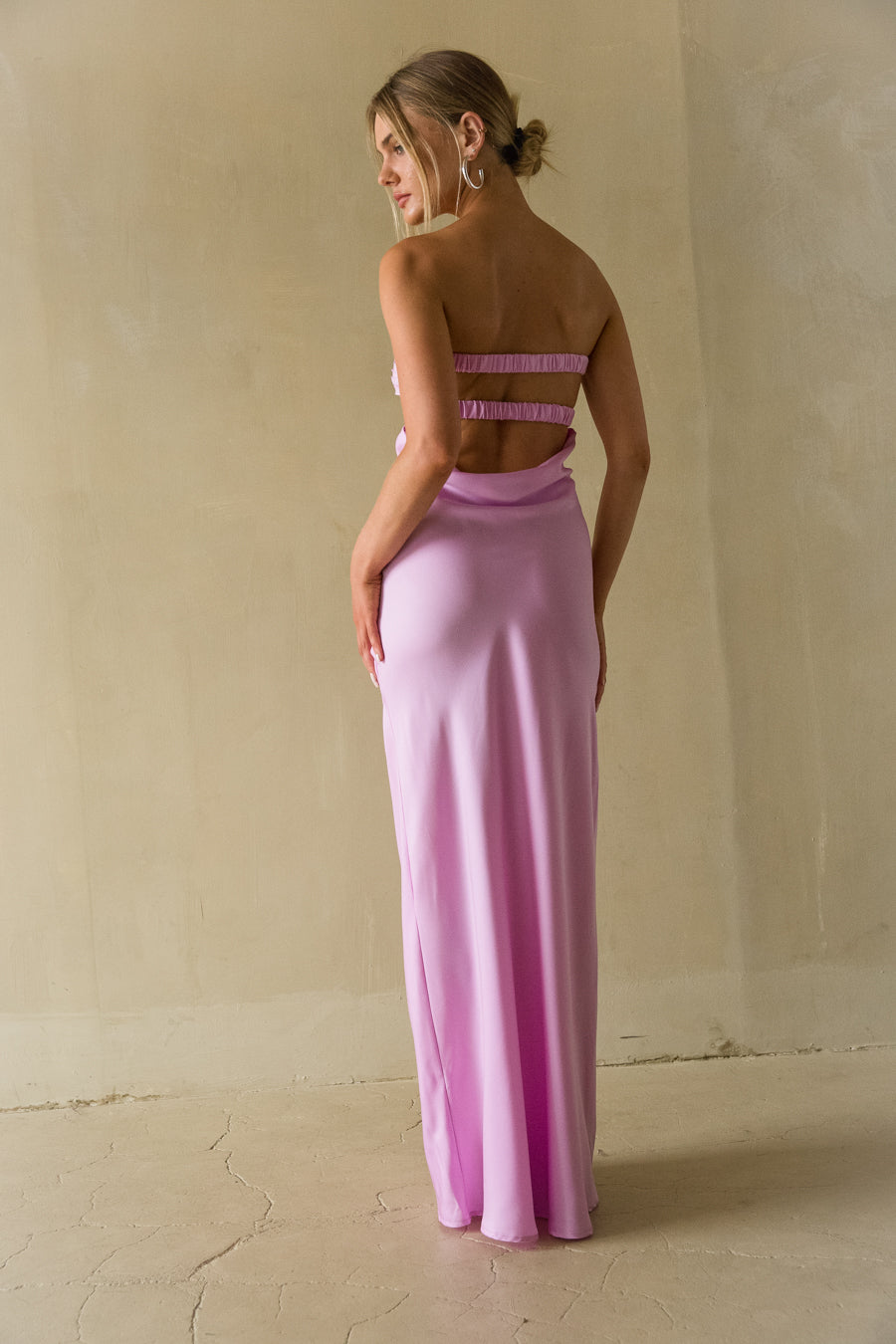 back view | pink keyhole cutout open back strapless maxi dress | special occasion dress