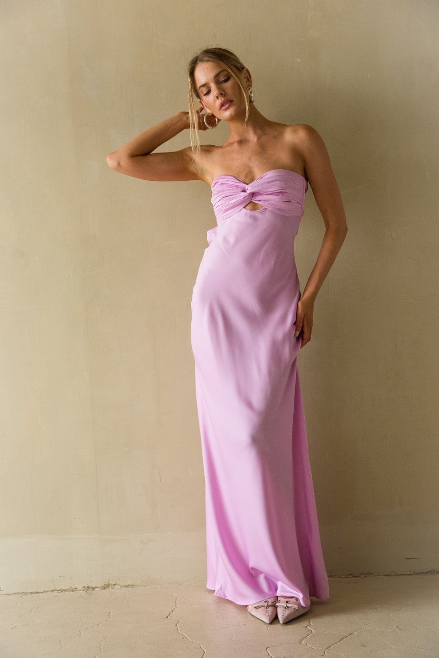 Front view | pink keyhole cutout open back strapless maxi dress | special occasion dress