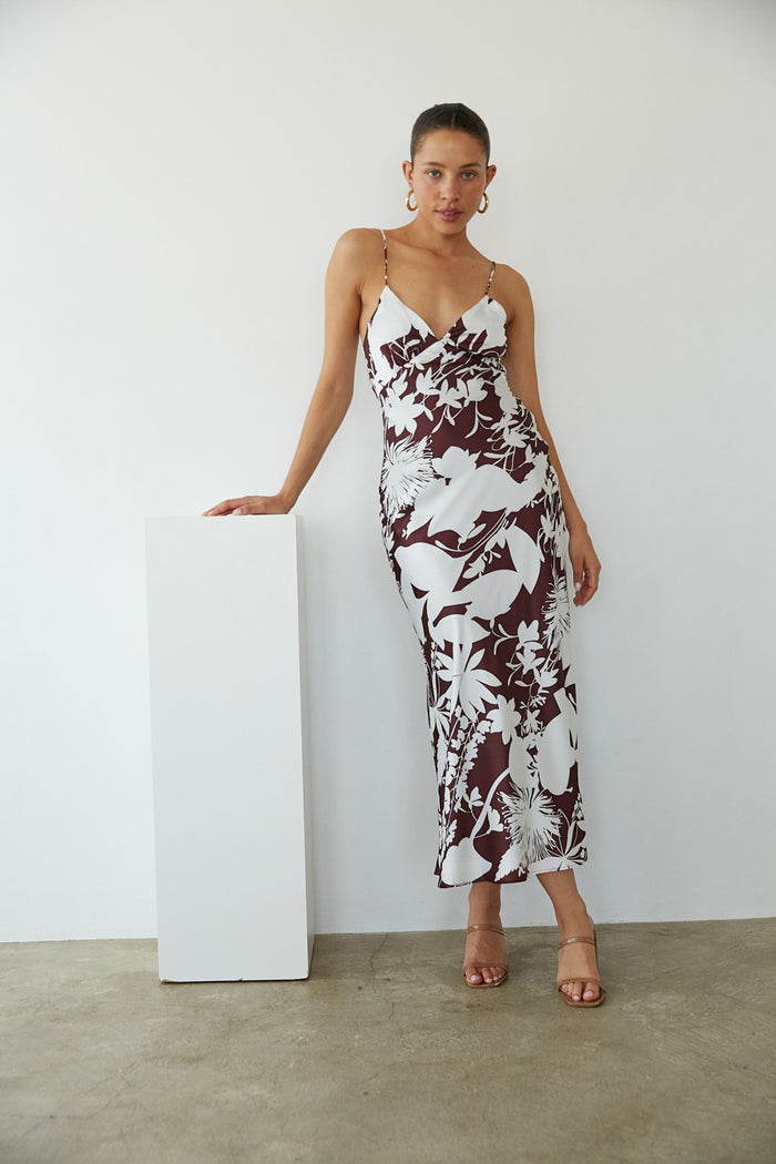 front view | brown floral satin maxi dress | tropical fall maxi dress