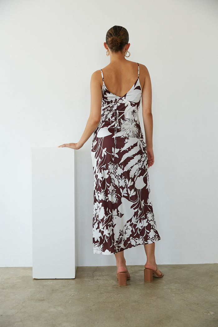 back view | brown floral satin maxi dress | tropical fall maxi dress